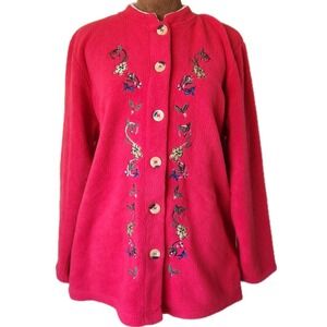 Bonnie Evans Women's Fleece Jacket Gingerbread Embroidered Size M Red Relaxed